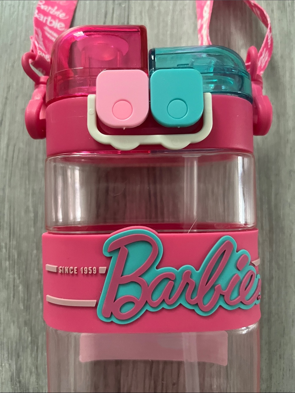 NWOT Barbie Pink & Teal Kids Water Bottle with Strap